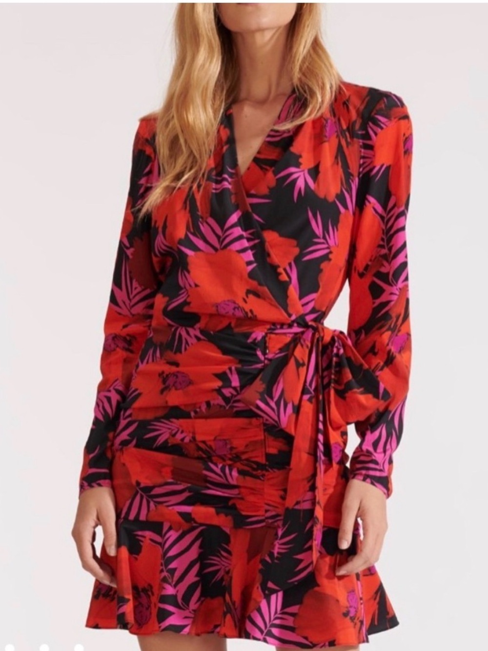 Veronica Beard 6 Lorina Silk Poppy Floral Red Pink Front Tie Mini Dress ruched